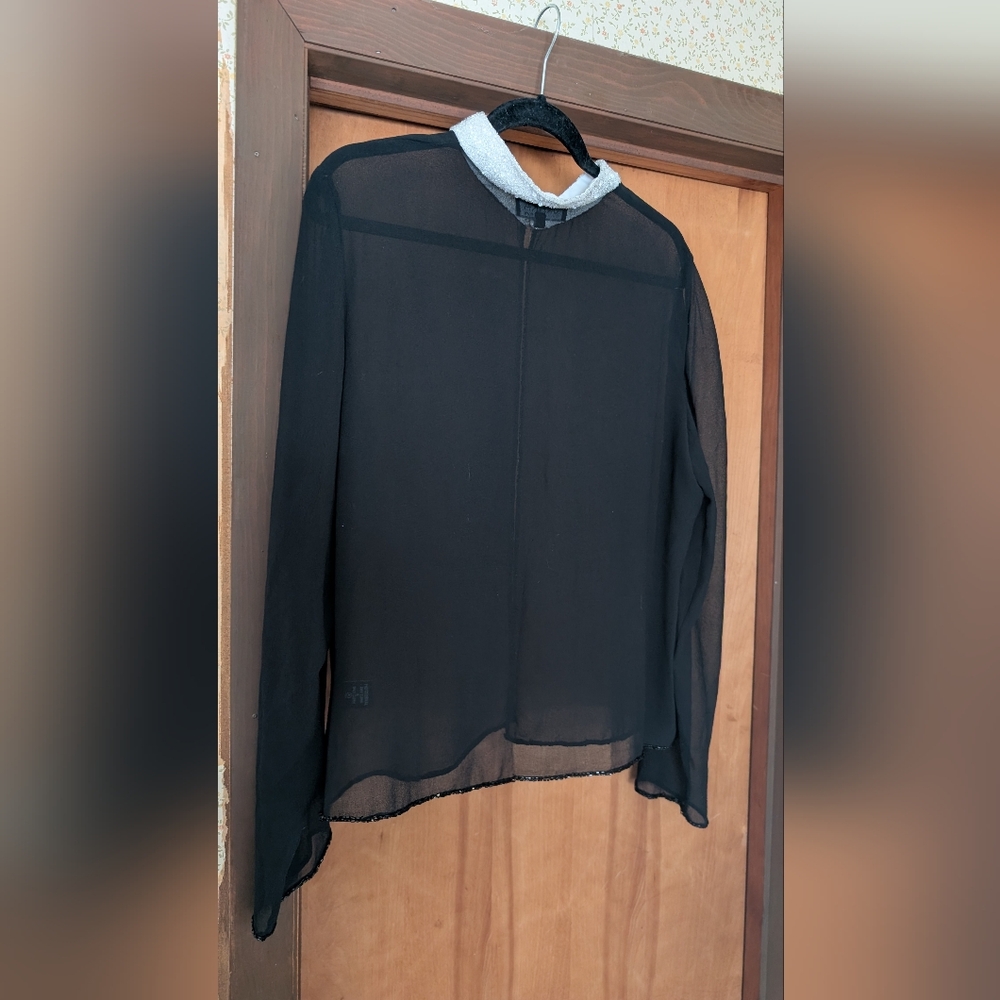 Vintage J Kara Black Silk Chiffon Blouse with White Beaded Trim - Picture 2 of 3
